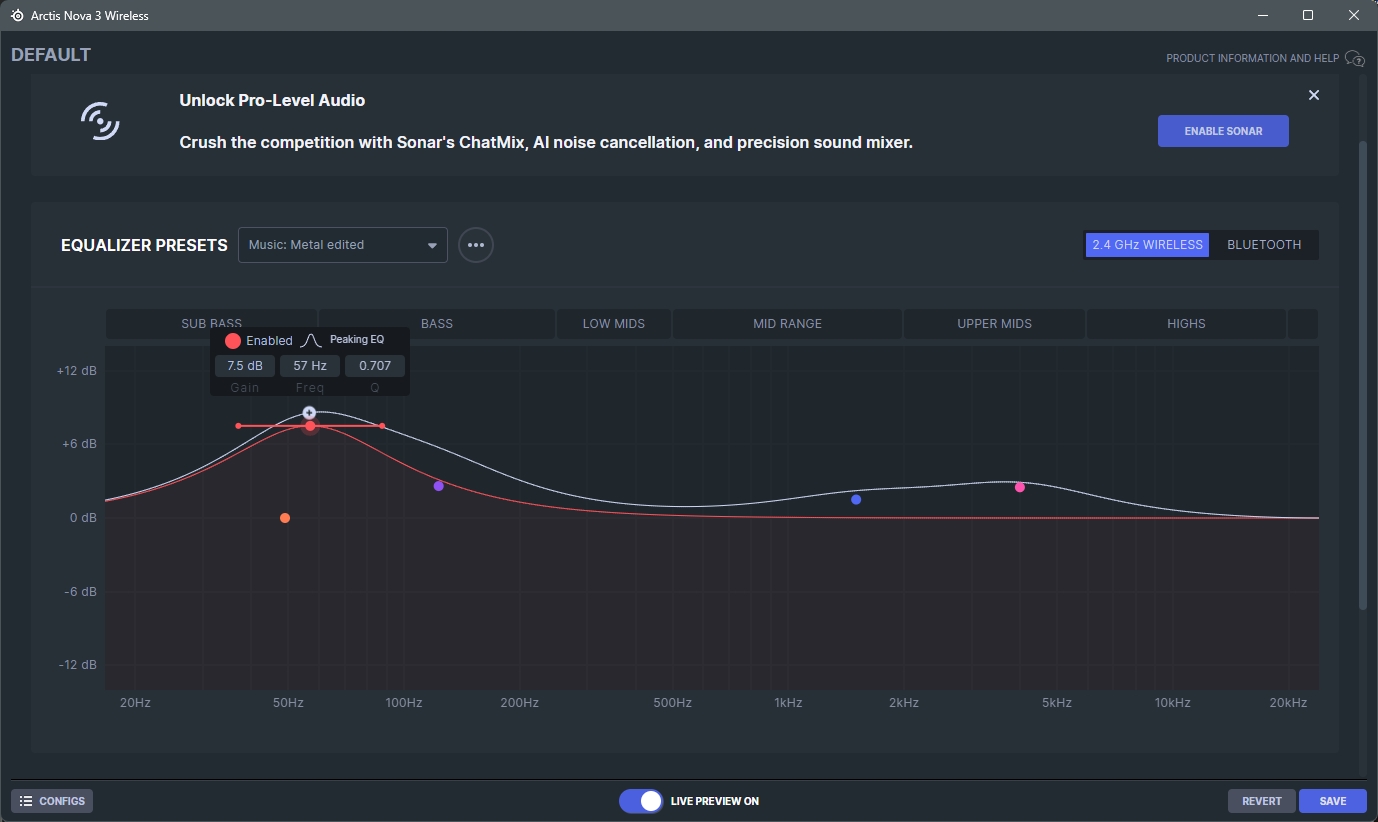 SteelSeries GG software pro konfiguraci sluchátek má super ekvalizér a mnoho doplňkových úprav vč. funkce Sonar, která zprostředkovává virtuální mix kanálů